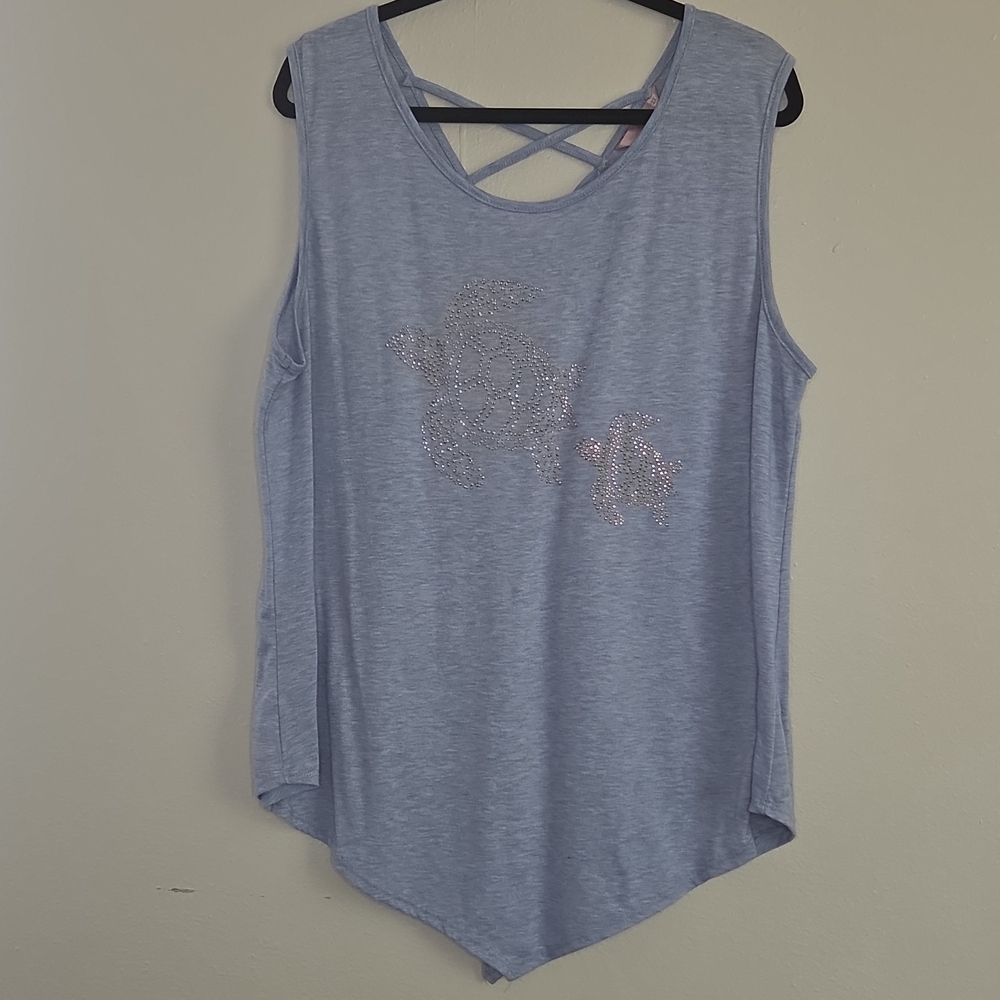 SJS Light Blue Sleeveless Tank with Rhinestone Turtle Detail